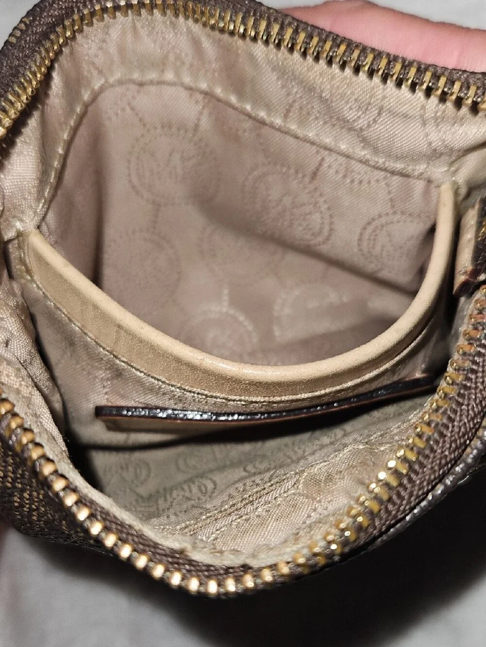 Michael Kors Dark Brown Signature Wristlet with Beige Strap